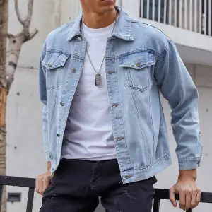 M-5XL Men Fashion Solid Color Long Sleeve Denim Jacket with Lapel Collar