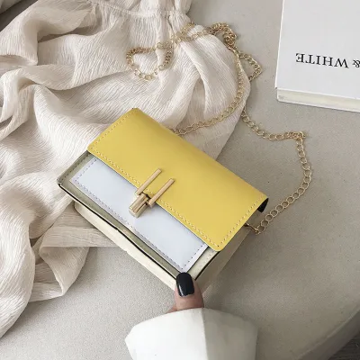 Women Color Blocking Metal Chain Square Crossbody Bag PU Leather Small