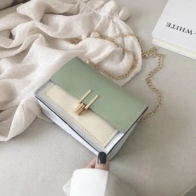 Women Color Blocking Metal Chain Square Crossbody Bag PU Leather Small