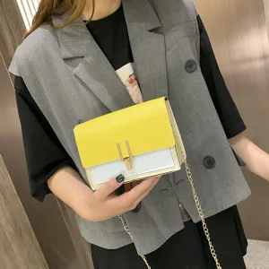 Women Color Blocking Metal Chain Square Crossbody Bag PU Leather Small