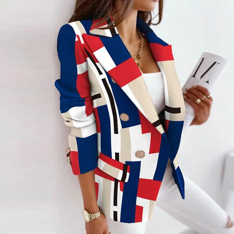 S-3XL Women Casual Color Blocking Lapel Graphic Printing Long-sleeve Double Breasted Blazer