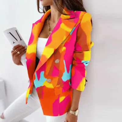 S-3XL Women Casual Color Blocking Lapel Graphic Printing Long-sleeve Double Breasted Blazer