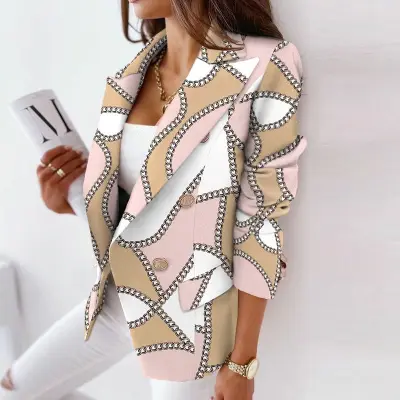 S-3XL Women Casual Color Blocking Lapel Graphic Printing Long-sleeve Double Breasted Blazer