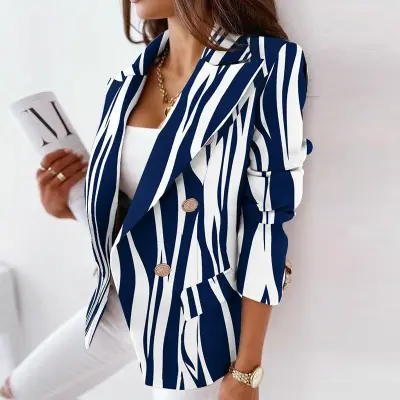S-3XL Women Casual Color Blocking Lapel Graphic Printing Long-sleeve Double Breasted Blazer