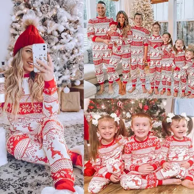 Christmas Elk Print Color Blocking Two-piece Parent-child Pajamas