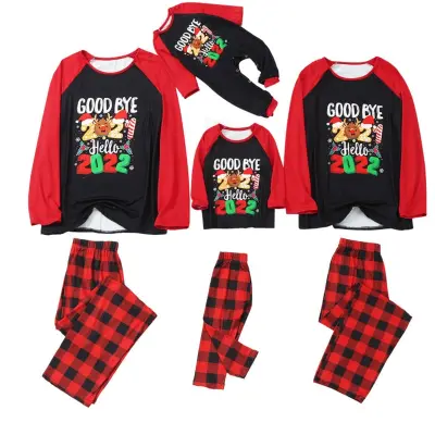 Creative Christmas Color Blocking Letter Printing Plaid Two-piece Parent-child Pajamas