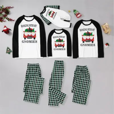 Kids Family Matching Outfits Casual Santa Claus Car Print Green Plaid Color Blocking Round Neck Parent-child Pajamas