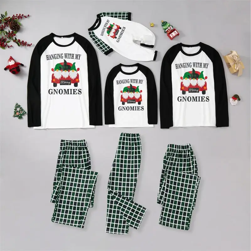 Santa Claus Car Printing Green Plaid Color Blocking Round Neck Two-piece Parent-child Pajamas for Kids Family Matching Outfits