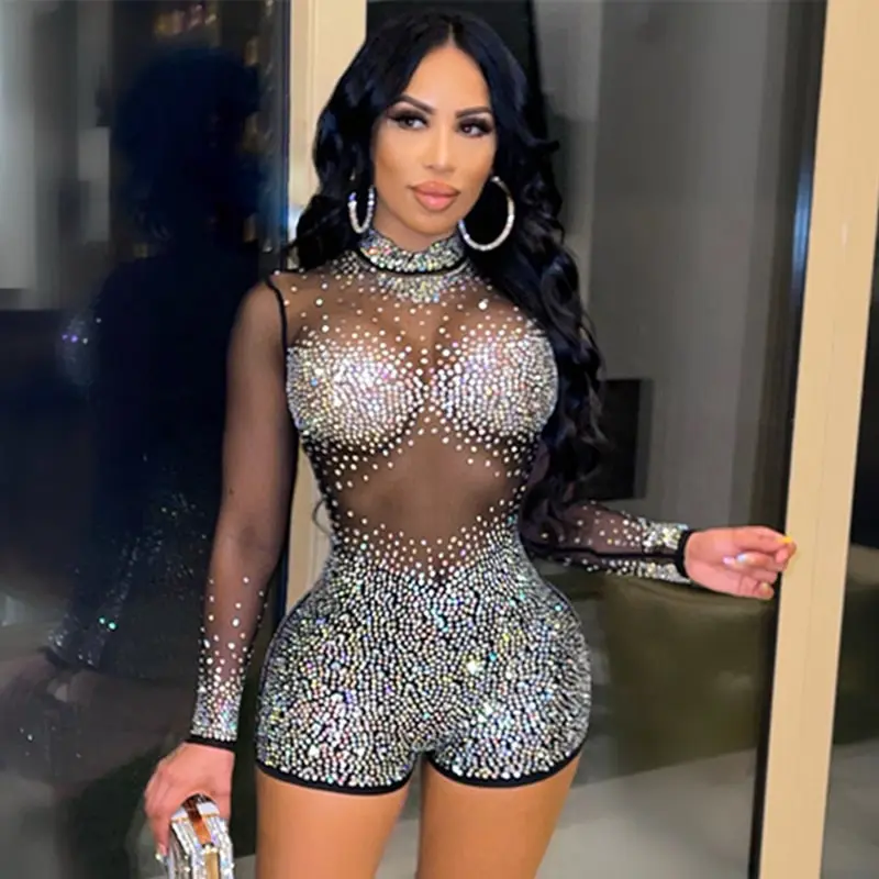 S-2XL Women Sexy Rhinestones See-through Long-sleeve Mock Neck Mini Rompers