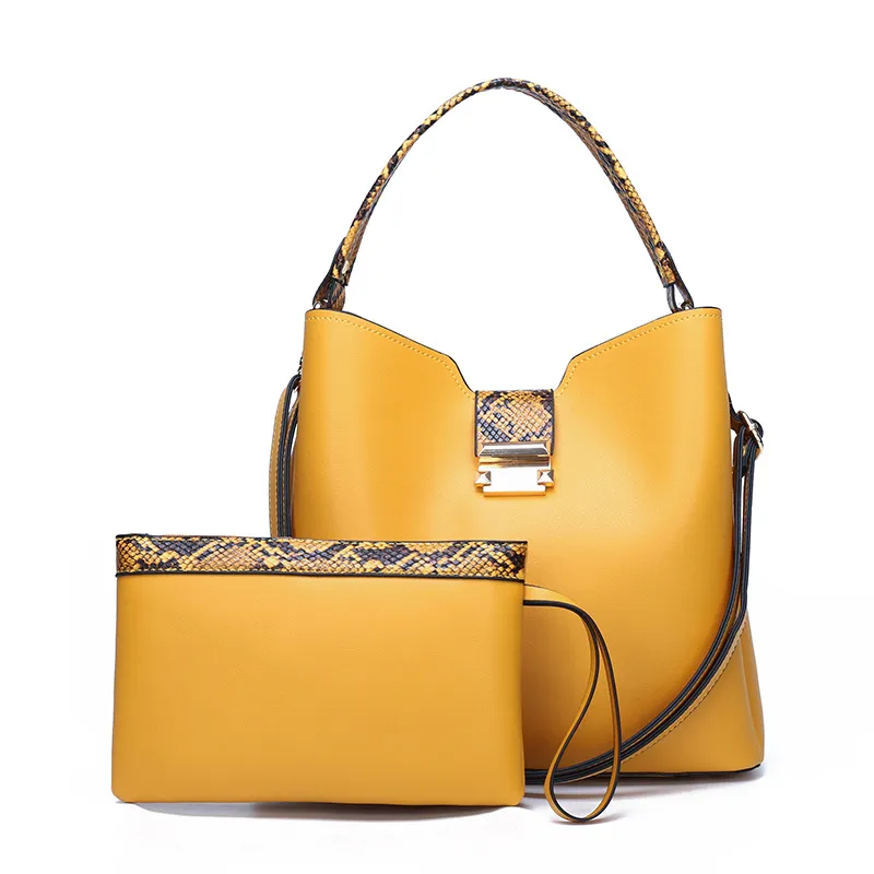 2 In 1 Women Basic Large Capacity PU Handle Crocodile Pattern Bucket Shoulder Bag
