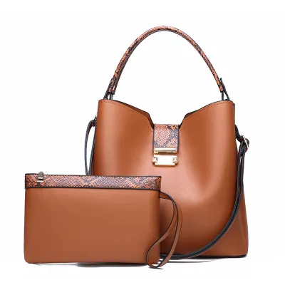 2 In 1 Women Basic Large Capacity PU Handle Crocodile Pattern Bucket Shoulder Bag