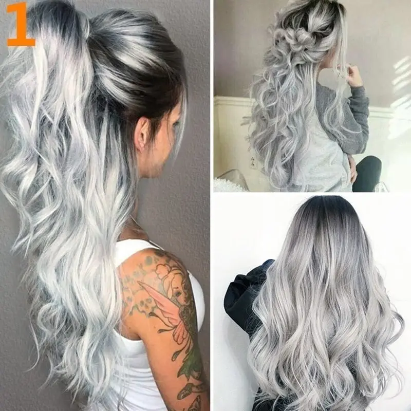 Women Edgy Central Parting Black Gradient Granny Grey Wave Design Long Wig
