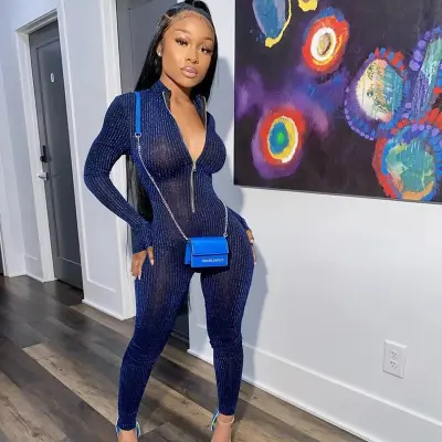 S-XL Women Sexy Solid Color See-through Long Sleeve Zipper Romper Jumpsuits