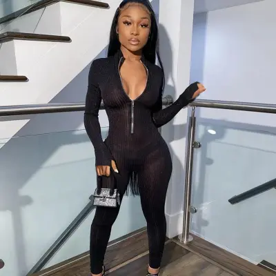 S-XL Women Sexy Solid Color See-through Long Sleeve Zipper Romper Jumpsuits