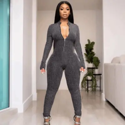 S-XL Women Sexy Solid Color See-through Long Sleeve Zipper Romper Jumpsuits