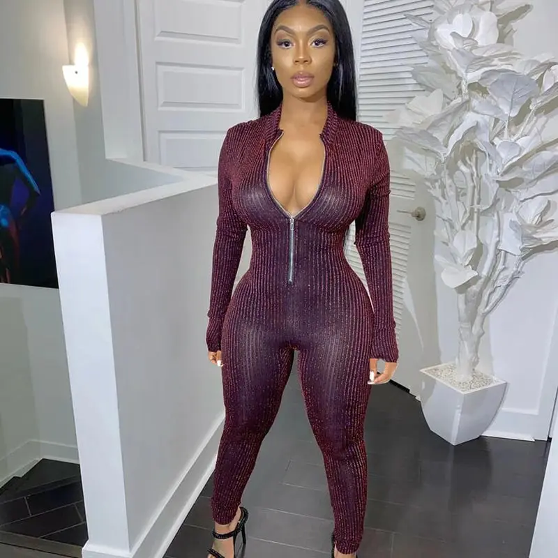 S-XL Women Sexy Solid Color See-through Long Sleeve Zipper Romper Jumpsuits