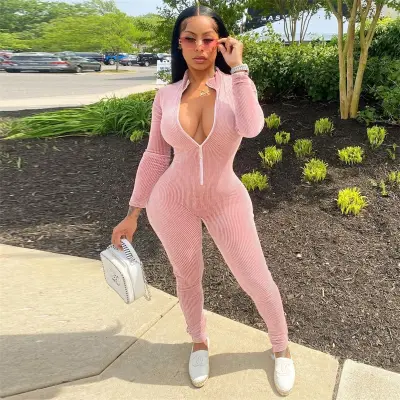 S-2XL Women Basic Solid Color Long-sleeve Corduroy Zipper Rib Knit Romper