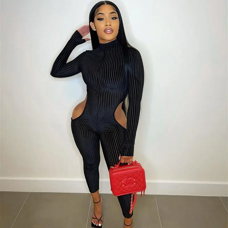 S-XL Women Sexy Solid Color Long-sleeve Cut Out Mock Neck Rib Knit Bodycon Jumpsuits