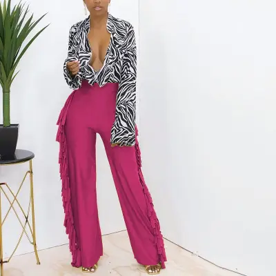 S-3XL Women Edgy Solid Color Tassel Wide Leg Pants