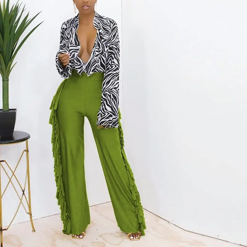 S-3XL Women Edgy Solid Color Tassel Wide Leg Pants
