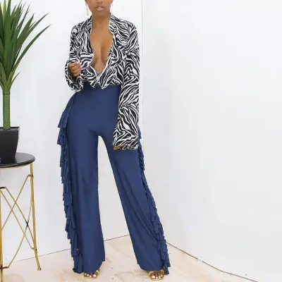 S-3XL Women Edgy Solid Color Tassel Wide Leg Pants