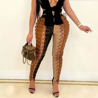 S-2XL Women Edgy Color Blocking Lace-up Cut Out Patchwork Pants