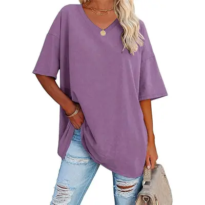 S-2XL Women Basic Solid Color Short Sleeve V Neck Loose Urban Leisure T-shirt