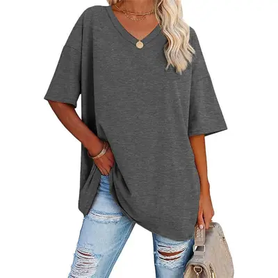 S-2XL Women Basic Solid Color Short Sleeve V Neck Loose Urban Leisure T-shirt