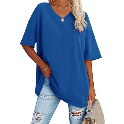 S-2XL Women Basic Solid Color Short Sleeve V Neck Loose Urban Leisure T-shirt