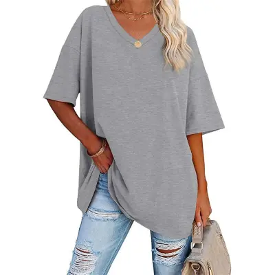 S-2XL Women Basic Solid Color Short Sleeve V Neck Loose Urban Leisure T-shirt