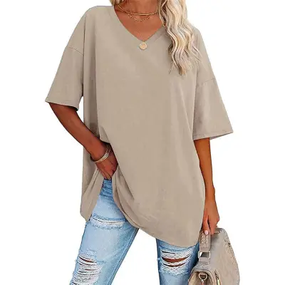 S-2XL Women Basic Solid Color Short Sleeve V Neck Loose Urban Leisure T-shirt