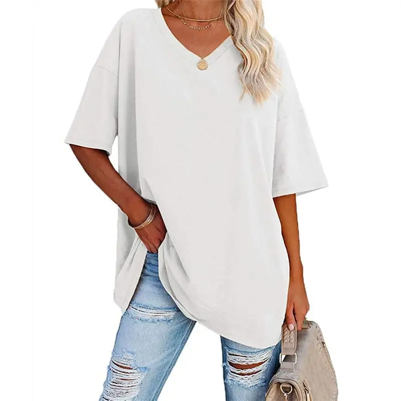 S-2XL Women Basic Solid Color Short Sleeve V Neck Loose Urban Leisure T-shirt