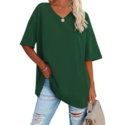 S-2XL Women Basic Solid Color Short Sleeve V Neck Loose Urban Leisure T-shirt