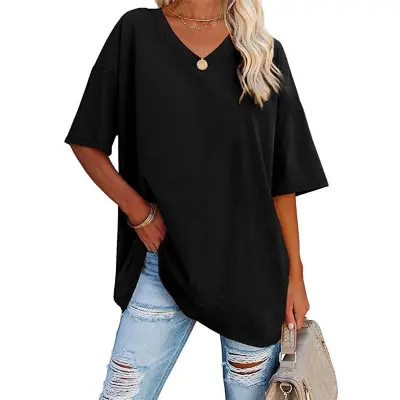 S-2XL Women Basic Solid Color Short Sleeve V Neck Loose Urban Leisure T-shirt