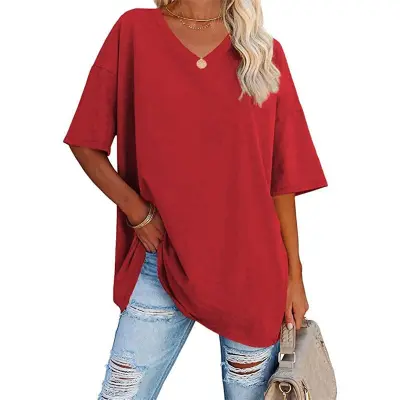 S-2XL Women Basic Solid Color Short Sleeve V Neck Loose Urban Leisure T-shirt