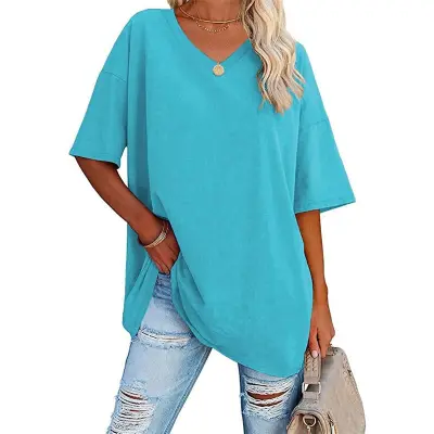 S-2XL Women Basic Solid Color Short Sleeve V Neck Loose Urban Leisure T-shirt