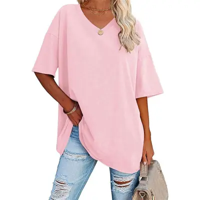S-2XL Women Basic Solid Color Short Sleeve V Neck Loose Urban Leisure T-shirt