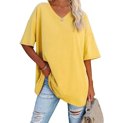 S-2XL Women Basic Solid Color Short Sleeve V Neck Loose Urban Leisure T-shirt