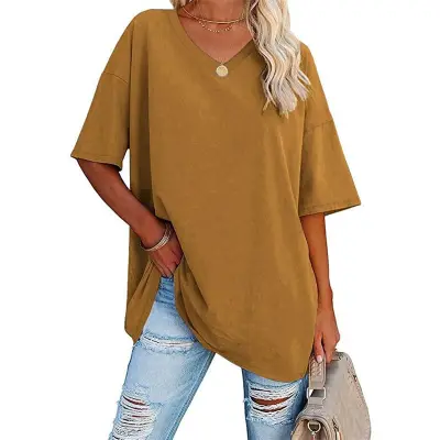 S-2XL Women Basic Solid Color Short Sleeve V Neck Loose Urban Leisure T-shirt