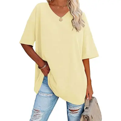 S-2XL Women Basic Solid Color Short Sleeve V Neck Loose Urban Leisure T-shirt
