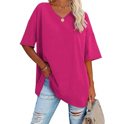S-2XL Women Basic Solid Color Short Sleeve V Neck Loose Urban Leisure T-shirt