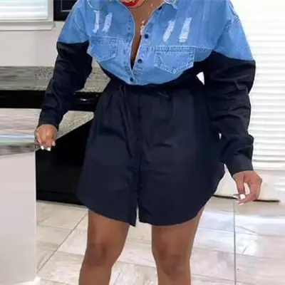 Women Plus Size Casual Color Blocking Long-sleeve Lapel Single-breasted Pocket Patchwork Denim Blouse