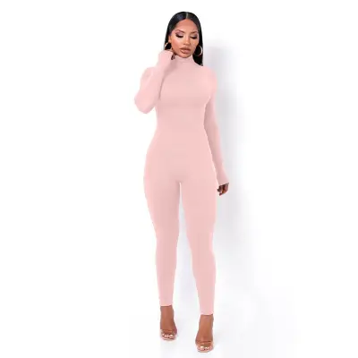 Women Basic Solid Color Long Sleeve Turtle Neck Jumpsuits