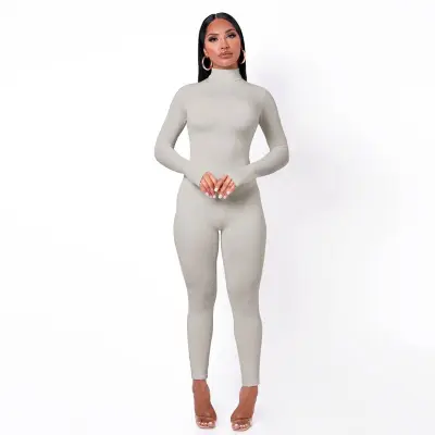 Women Basic Solid Color Long Sleeve Turtle Neck Jumpsuits