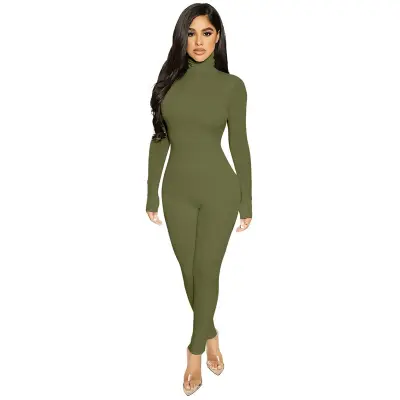 Women Basic Solid Color Long Sleeve Turtle Neck Jumpsuits