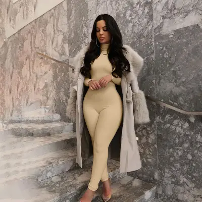 Women Basic Solid Color Long Sleeve Turtle Neck Jumpsuits