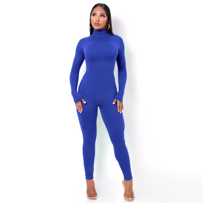 Women Basic Solid Color Long Sleeve Turtle Neck Jumpsuits