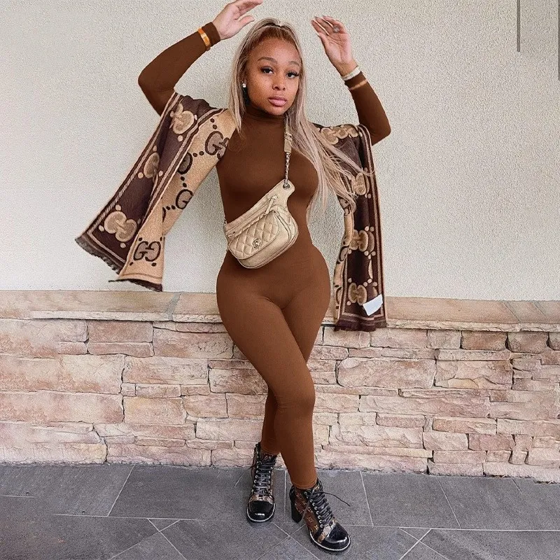 Women Basic Solid Color Long Sleeve Turtle Neck Jumpsuits