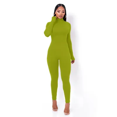 Women Basic Solid Color Long Sleeve Turtle Neck Jumpsuits
