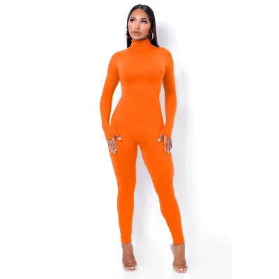 Women Basic Solid Color Long Sleeve Turtle Neck Jumpsuits